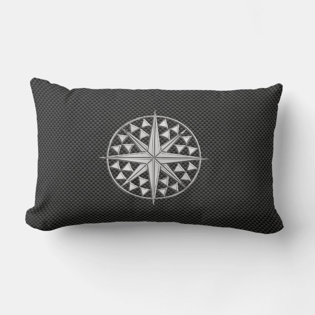 Chrome Like Nautical Star Compass on Carbon Fiber Lumbar Pillow (Front)