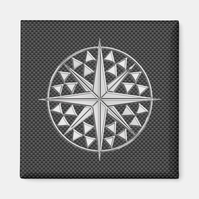 Chrome Like Nautical Star Compass on Carbon Fiber Magnet (Front)