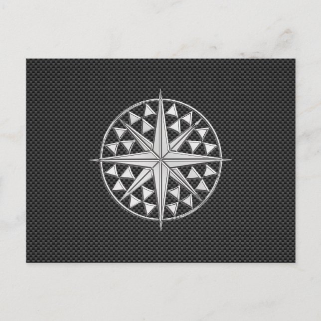 Chrome Like Nautical Star Compass on Carbon Fiber Postcard (Front)