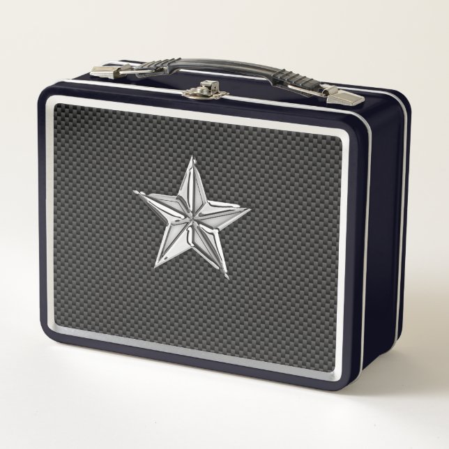 Chrome Like Nautical Star on Carbon Fiber Decor Metal Lunch Box (Front)