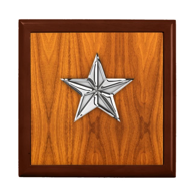 Chrome Like Nautical Star on Teak Veneer Gift Box (Front)