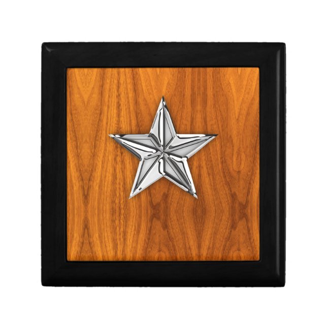 Chrome Like Nautical Star on Teak Veneer Gift Box (Front)