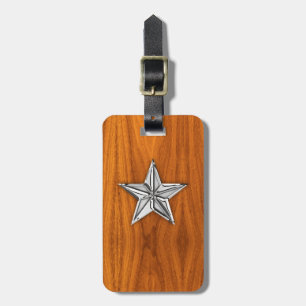 Chrome Like Nautical Star on Teak Veneer Luggage Tag