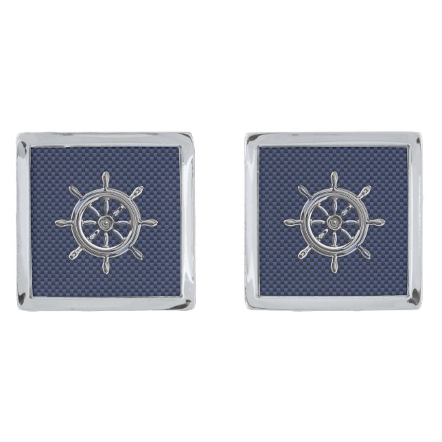 Chrome Like Nautical Wheel Navy Blue Carbon Silver Cufflinks (Front)