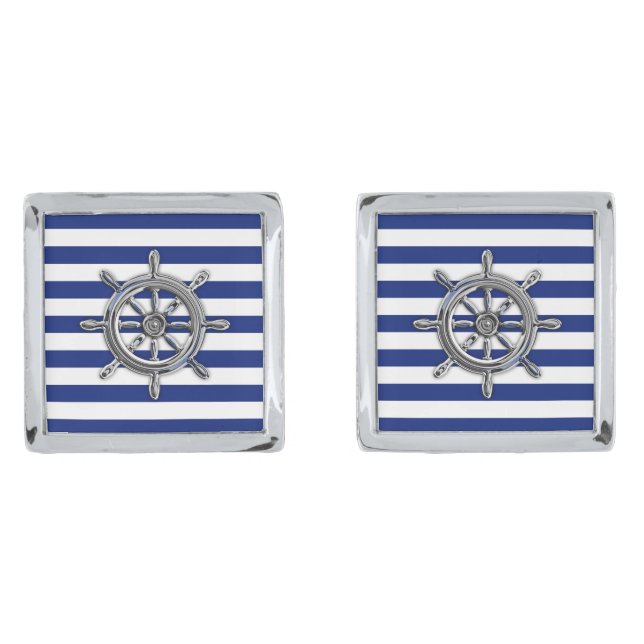 Chrome Like Nautical Wheel Navy Blue Stripes Cufflinks (Front)