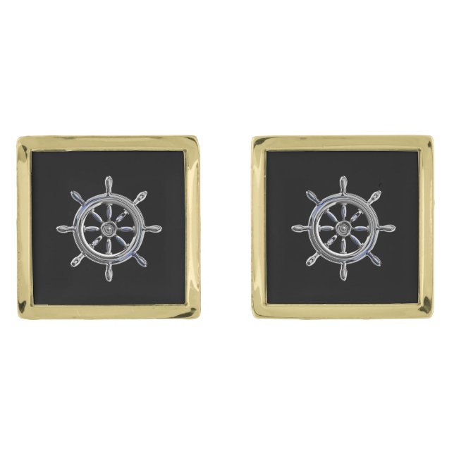 Chrome Like Nautical Wheel Navy on Black Print Cufflinks (Front)