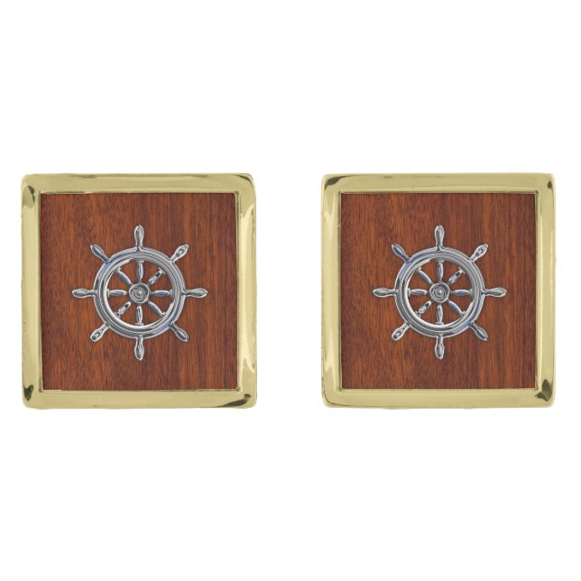 Chrome Like Nautical Wheel Navy on Mahogany Print Gold Cufflinks (Front)