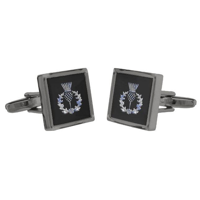 Chrome Like on Black Print Scottish Thistle Gunmetal Finish Cufflinks (Angled)