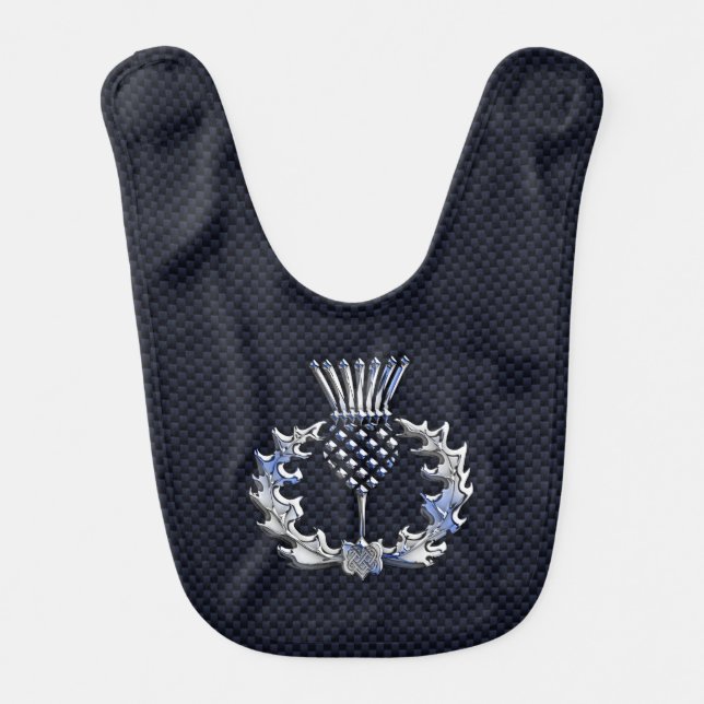 Chrome like on Carbon Fiber Print Scottish Thistle Baby Bib (Front)