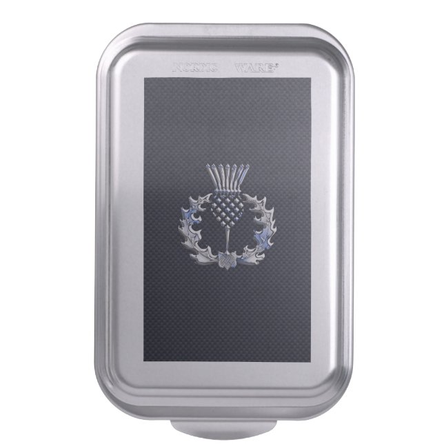 Chrome like on Carbon Fiber Print Scottish Thistle Cake Pan (Front Vertical)