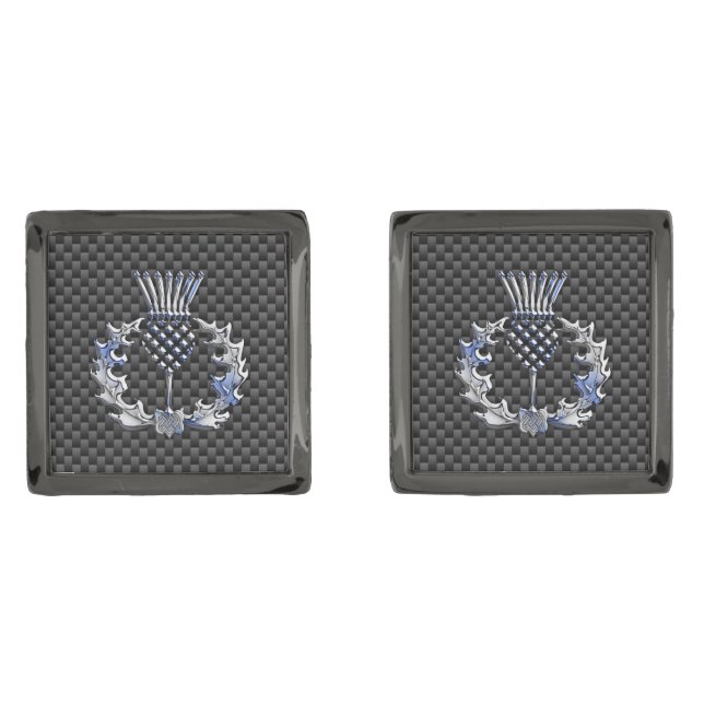 Chrome Like on Carbon Fiber Print Scottish Thistle Cufflinks (Front)