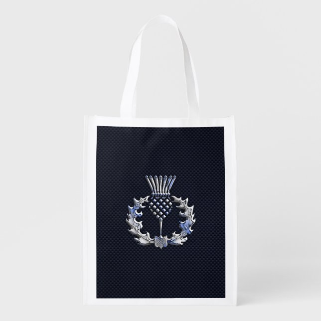 Chrome like on Carbon Fiber Print Scottish Thistle Grocery Bag (Front)