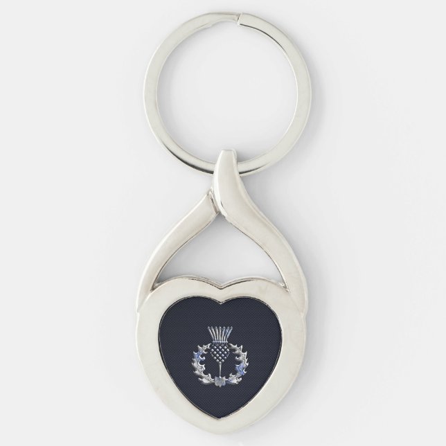 Chrome like on Carbon Fiber Print Scottish Thistle Keychain (Front)