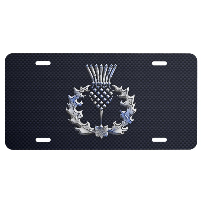 Chrome like on Carbon Fiber Print Scottish Thistle License Plate (Front)