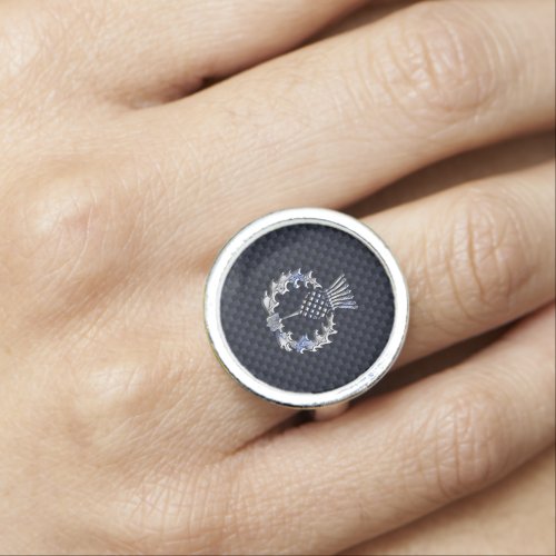 Chrome like on Carbon Fiber Print Scottish Thistle Ring