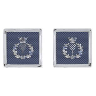 Chrome Like on Carbon Fiber Print Scottish Thistle Silver Cufflinks
