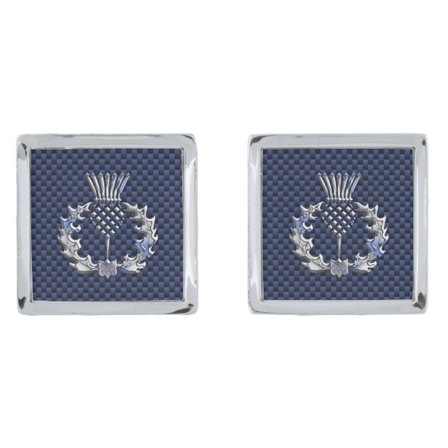 Chrome Like on Carbon Fiber Print Scottish Thistle Silver Cufflinks (Front)