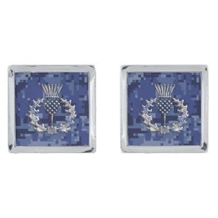 Chrome Like on Digital Camo Print Scottish Thistle Silver Cufflinks