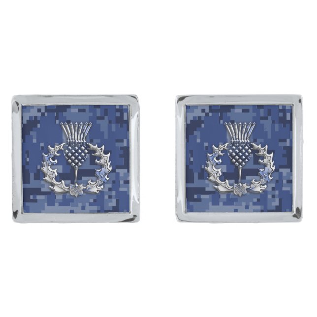 Chrome Like on Digital Camo Print Scottish Thistle Silver Cufflinks (Front)