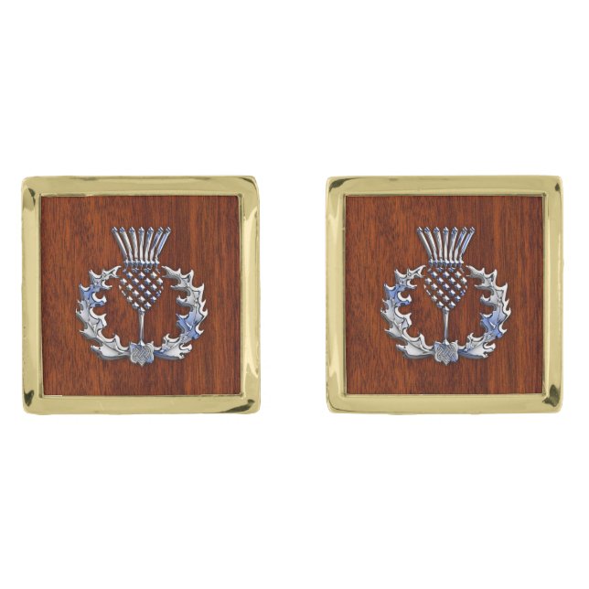 Chrome Like on Mahogany Print Scottish Thistle Gold Cufflinks (Front)