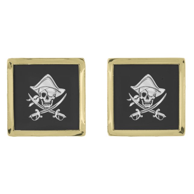 Chrome Like Pirate Nautical Navy on Black Print Cufflinks (Front)