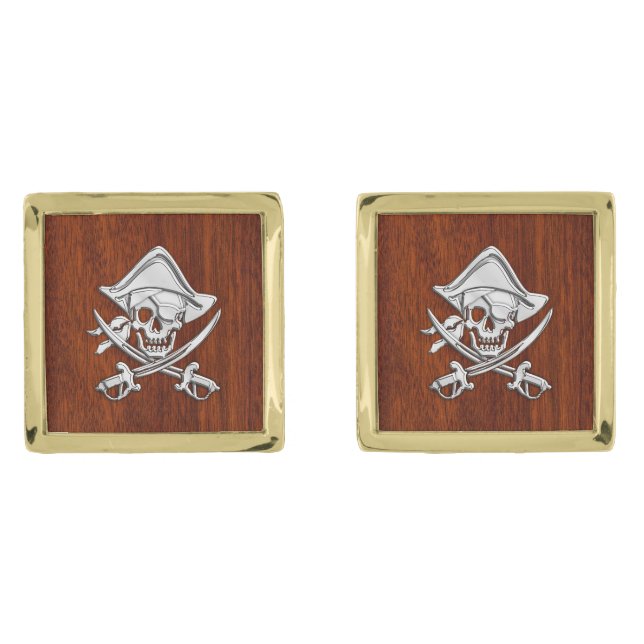 Chrome Like Pirate Nautical Navy on Mahogany Print Cufflinks (Front)
