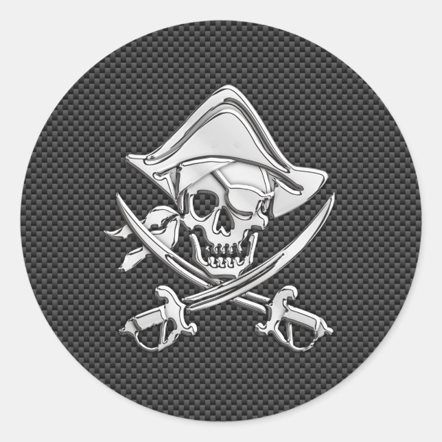 Chrome Like Pirate on Black Carbon Fiber Classic Round Sticker (Front)