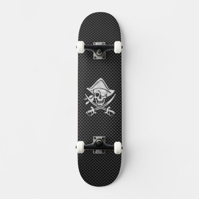 Chrome Like Pirate on Black Carbon Fiber Skateboard (Front)