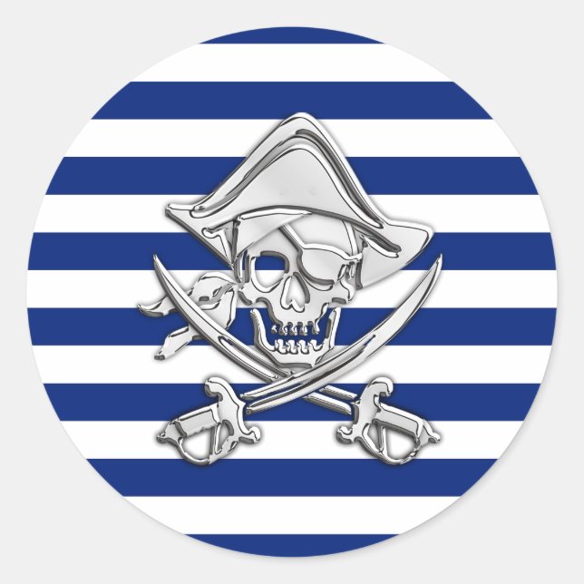 Chrome Like Pirate on Nautical Stripes Classic Round Sticker (Front)