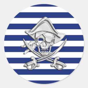 Chrome Like Pirate on Nautical Stripes Classic Round Sticker