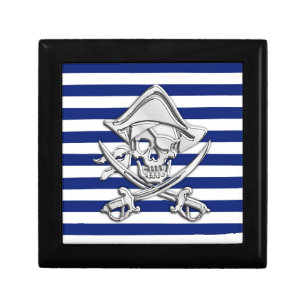 Chrome Like Pirate on Navy Stripes Keepsake Box