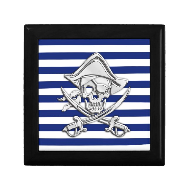 Chrome Like Pirate on Navy Stripes Keepsake Box (Front)