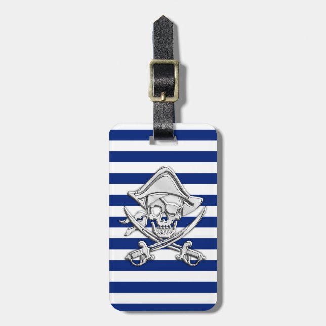 Chrome Like Pirate on Navy Stripes Luggage Tag (Front Vertical)