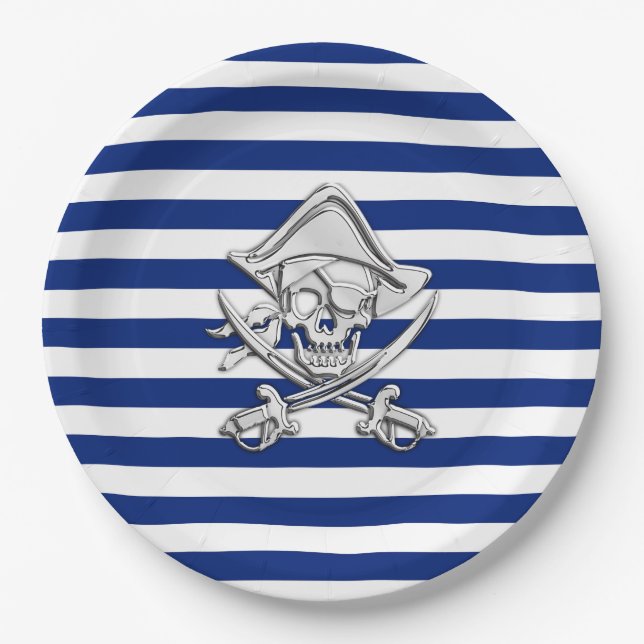 Chrome Like Pirate on Navy Stripes Paper Plates (Front)