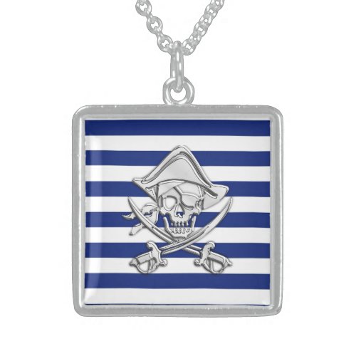 Chrome Like Pirate on Navy Stripes Sterling Silver Necklace
