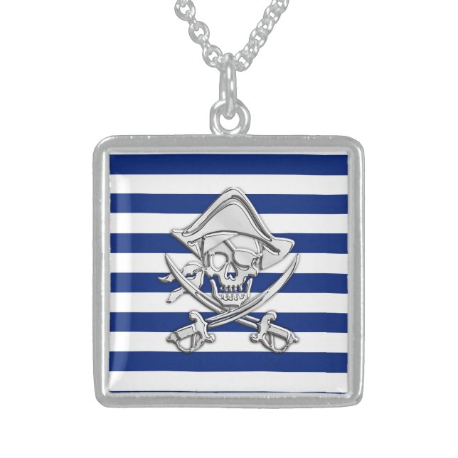 Chrome Like Pirate on Navy Stripes Sterling Silver Necklace (Front)