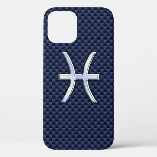 Chrome Like Pisces Sign on Blue Carbon Fiber Print iPhone 12 Case