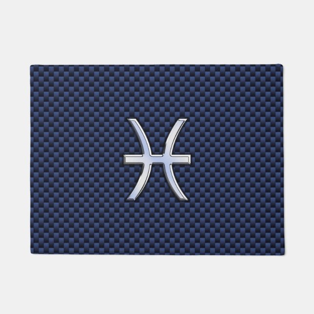 Chrome Like Pisces Sign on Blue Carbon Fiber Print Doormat (Front)
