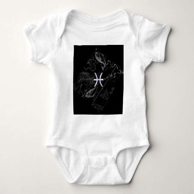 Chrome like Pisces Zodiac Sign on Black Hevelius Baby Bodysuit (Front)