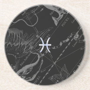 Chrome like Pisces Zodiac Sign on Black Hevelius Sandstone Coaster