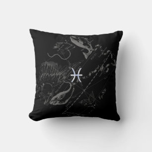 Chrome like Pisces Zodiac Sign on Black Hevelius Throw Pillow
