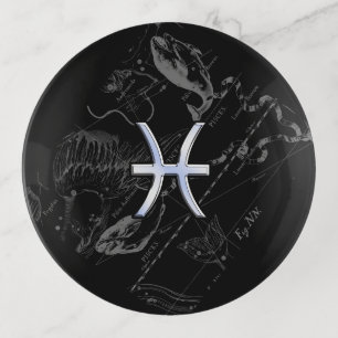 Chrome like Pisces Zodiac Sign on Black Hevelius Trinket Tray