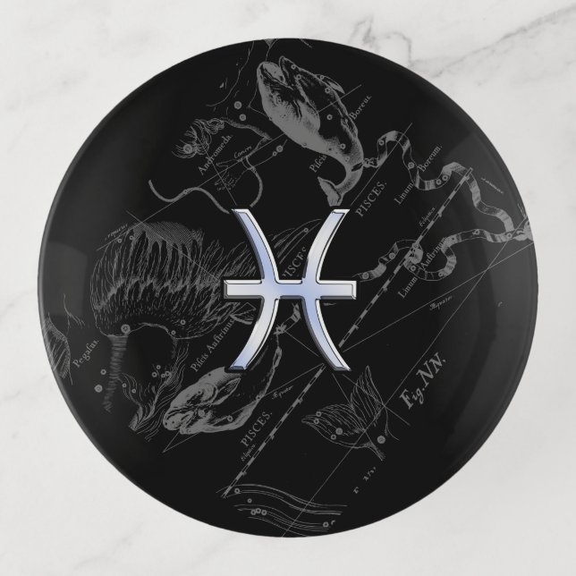 Chrome like Pisces Zodiac Sign on Black Hevelius Trinket Tray (Front)
