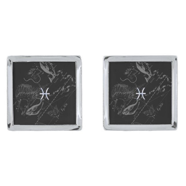 Chrome like Pisces Zodiac Sign on Hevelius Cufflinks (Front)