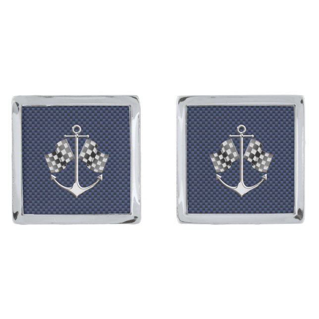 Chrome Like Race Anchor Nautical Navy Blue Carbon Cufflinks (Front)