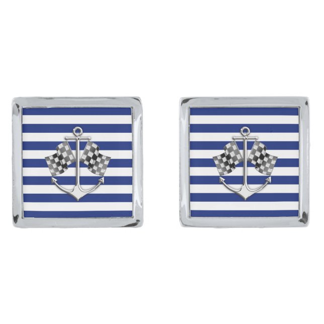 Chrome Like Race Anchor Nautical Navy Blue Stripes Silver Cufflinks (Front)