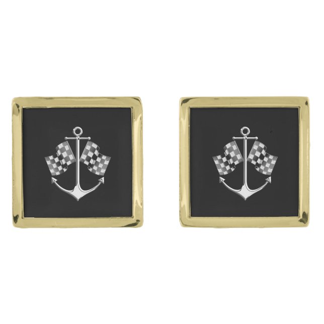 Chrome Like Race Anchor Nautical on Black Print Cufflinks (Front)