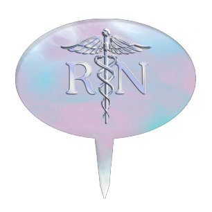 Chrome Like RN Caduceus in Mother Pearl Style Cake Topper