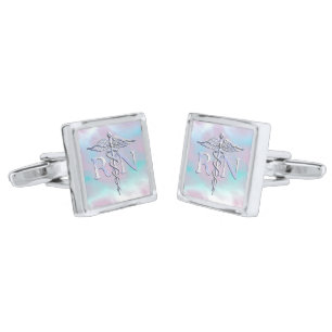 Chrome Like RN Caduceus Medical Mother Pearl Silver Cufflinks