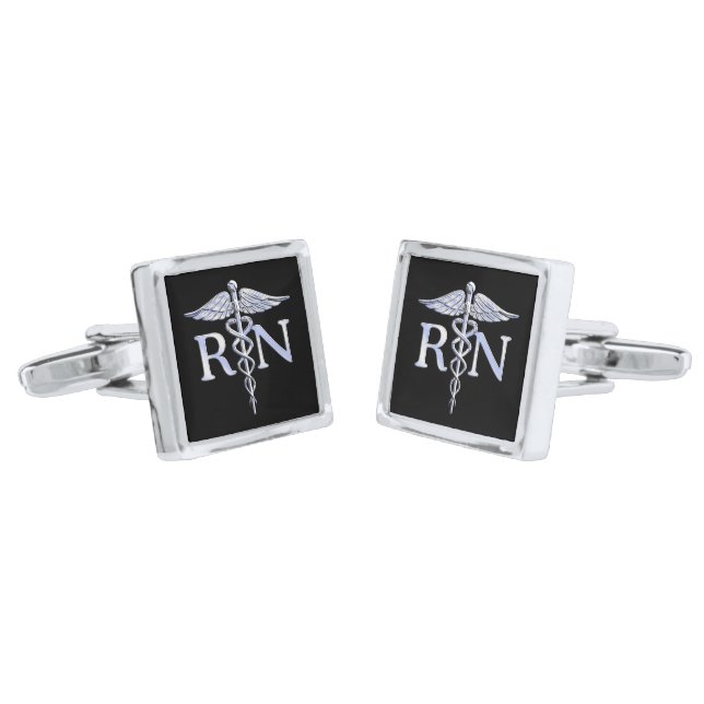 Chrome Like RN Caduceus Medical on Black Cufflinks (Angled)